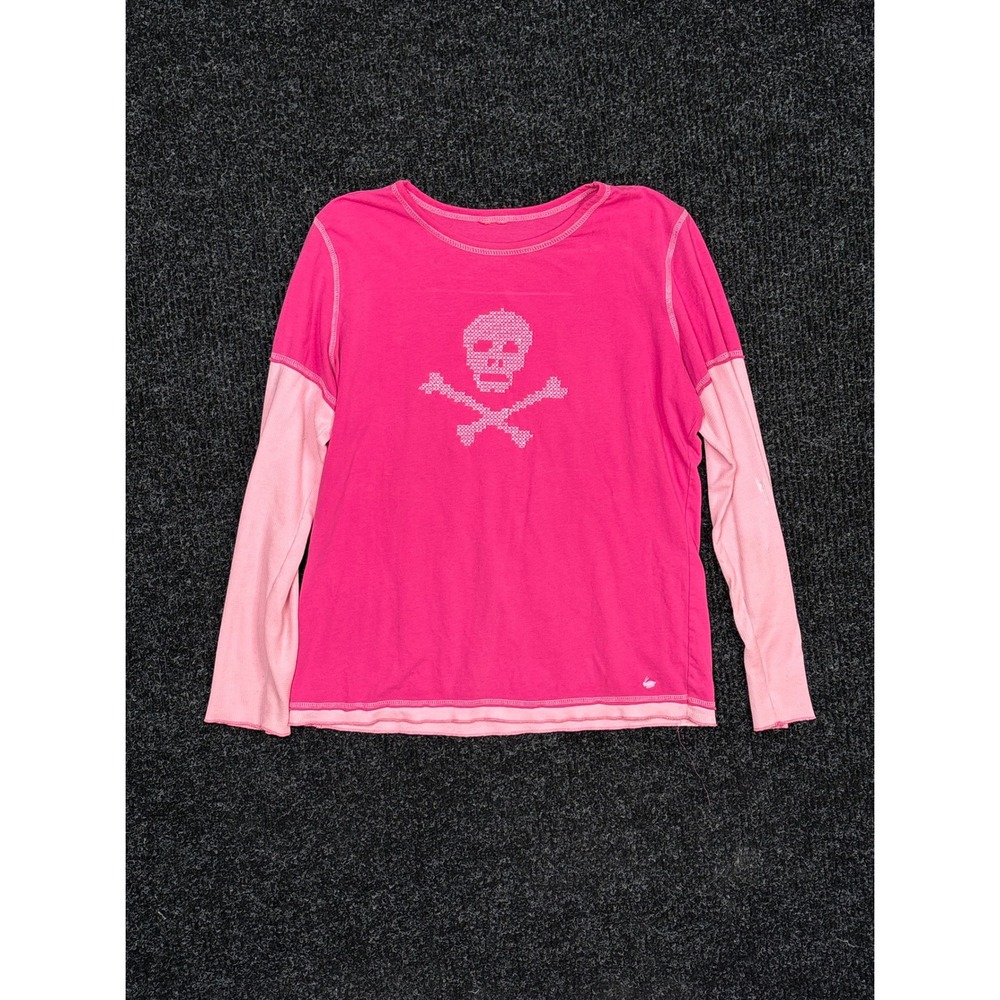 Pink Y2K Skull Crossbones Layered Long Sleeve Shirt Grunge Aesthetic L
